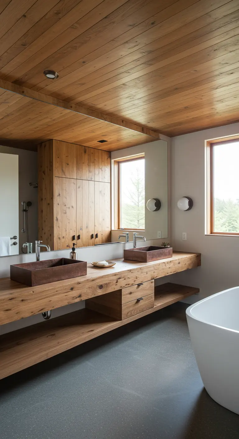 Modern farmhouse bathroom with a floating wood vanity and built-in storage.