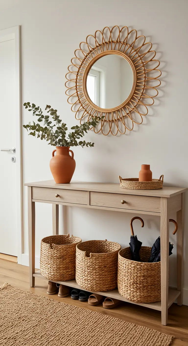 Entryway with a light wood console table, a large rattan sunburst mirror, and woven storage baskets below.