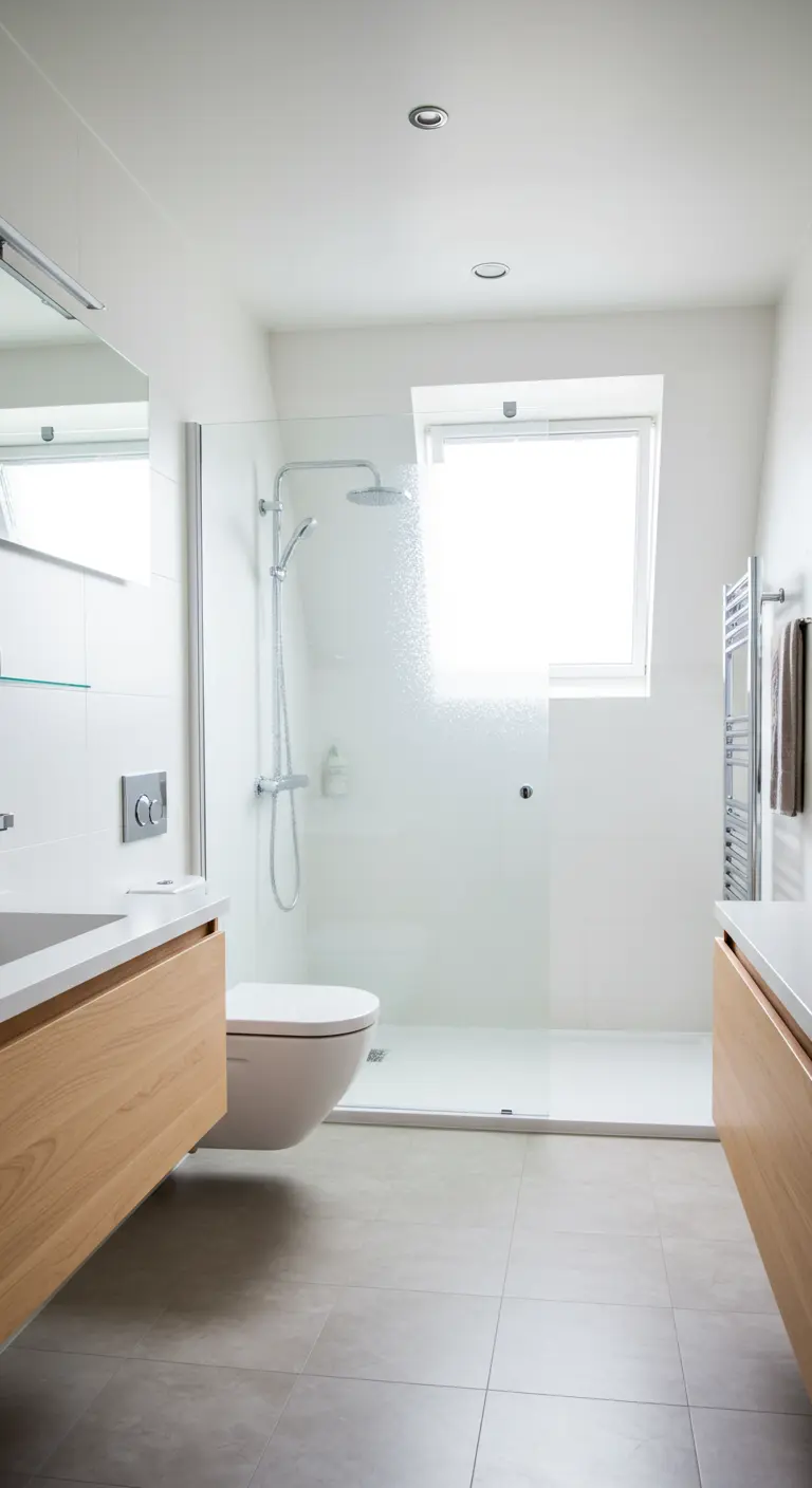 Narrow bathroom with a floating wood vanity and a wall-hung toilet.