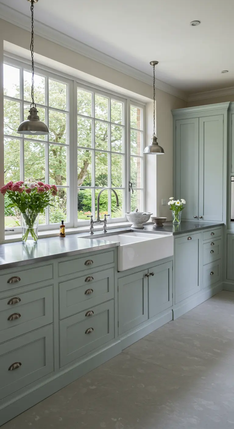 A Country French kitchen with light green cabinets, white countertops, and a large window overlooking trees.