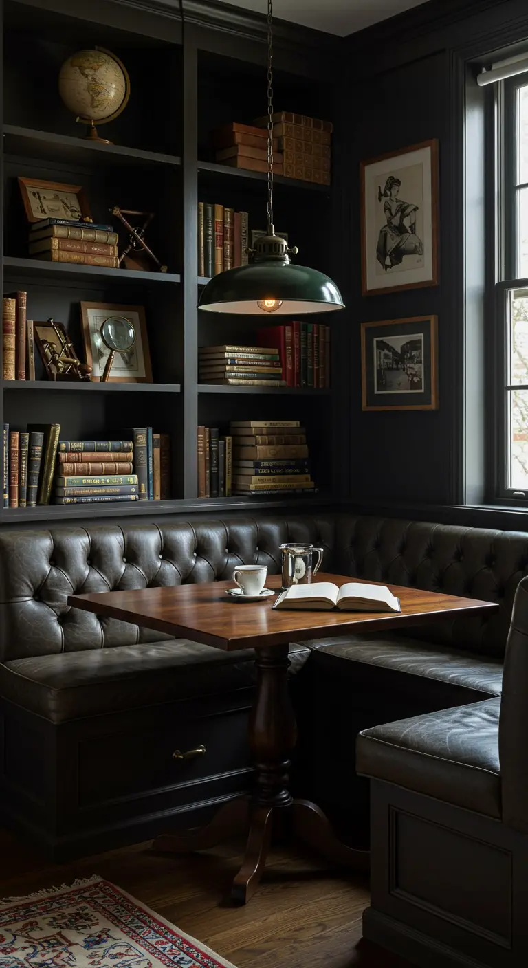 A dark, moody dining nook surrounded by bookshelves with a leather banquette.