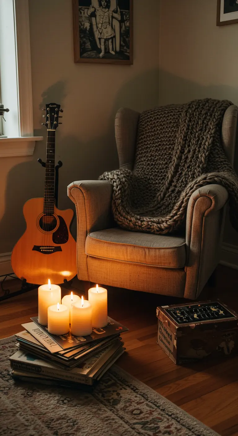 Armchair with a large knit throw, a guitar, and candles sitting on a stack of vinyl records.