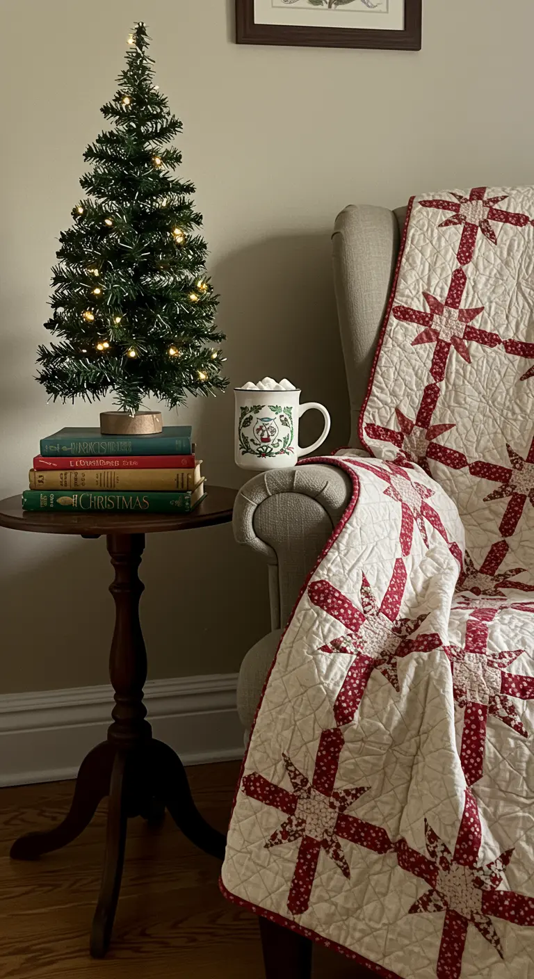 A cozy armchair with a Christmas quilt next to a small table with a mini tree and books.