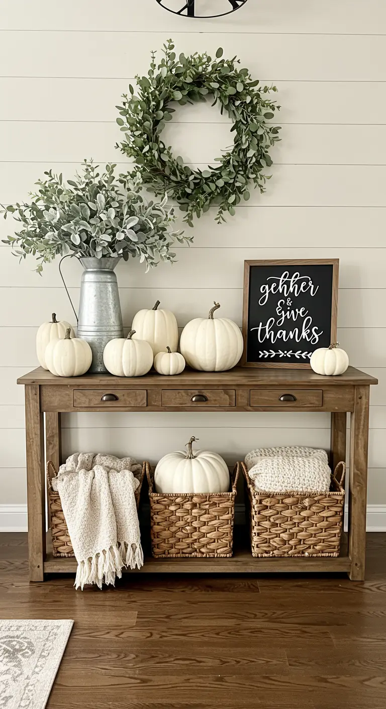 Console table with white pumpkins, eucalyptus in a pitcher, and a 'give thanks' sign.