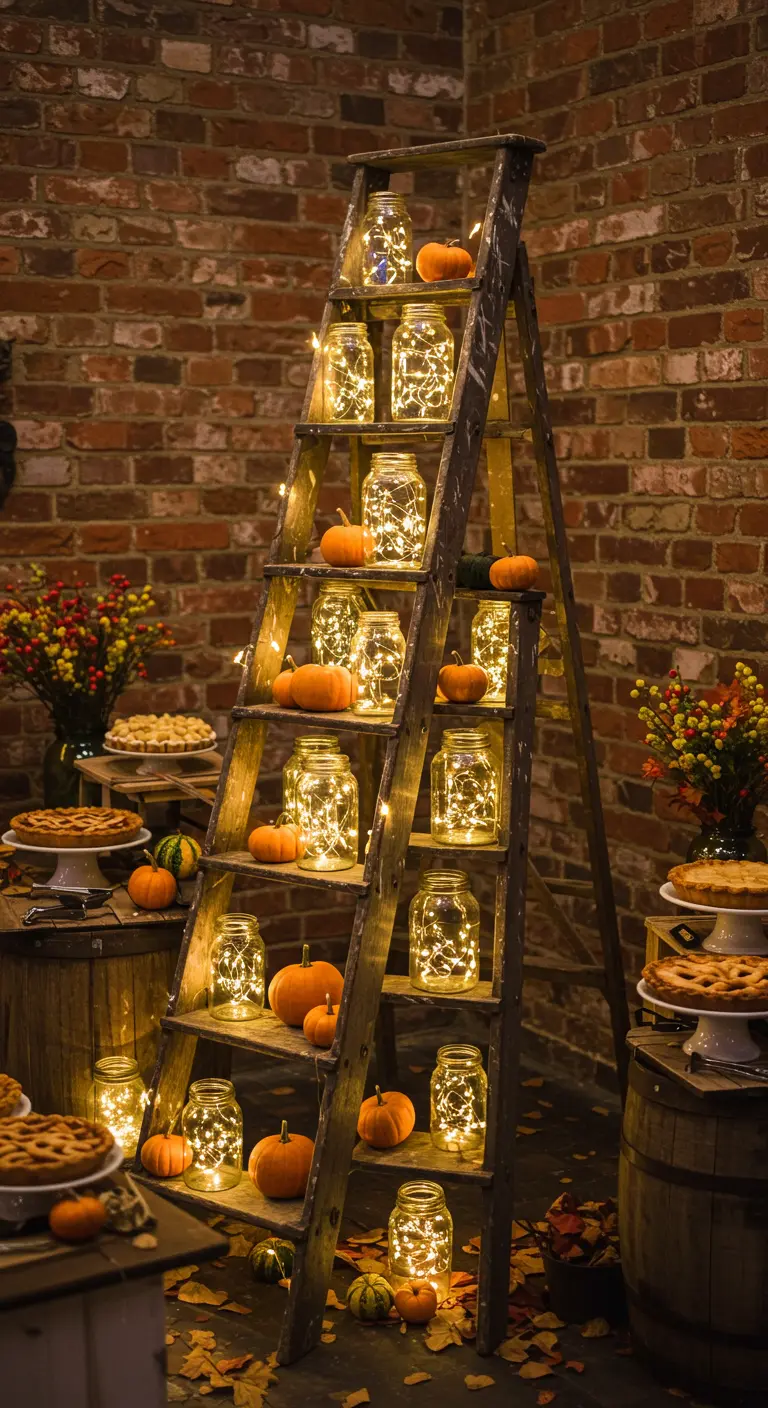 A rustic wooden ladder used as shelves to display fairy-light-filled jars and pumpkins.