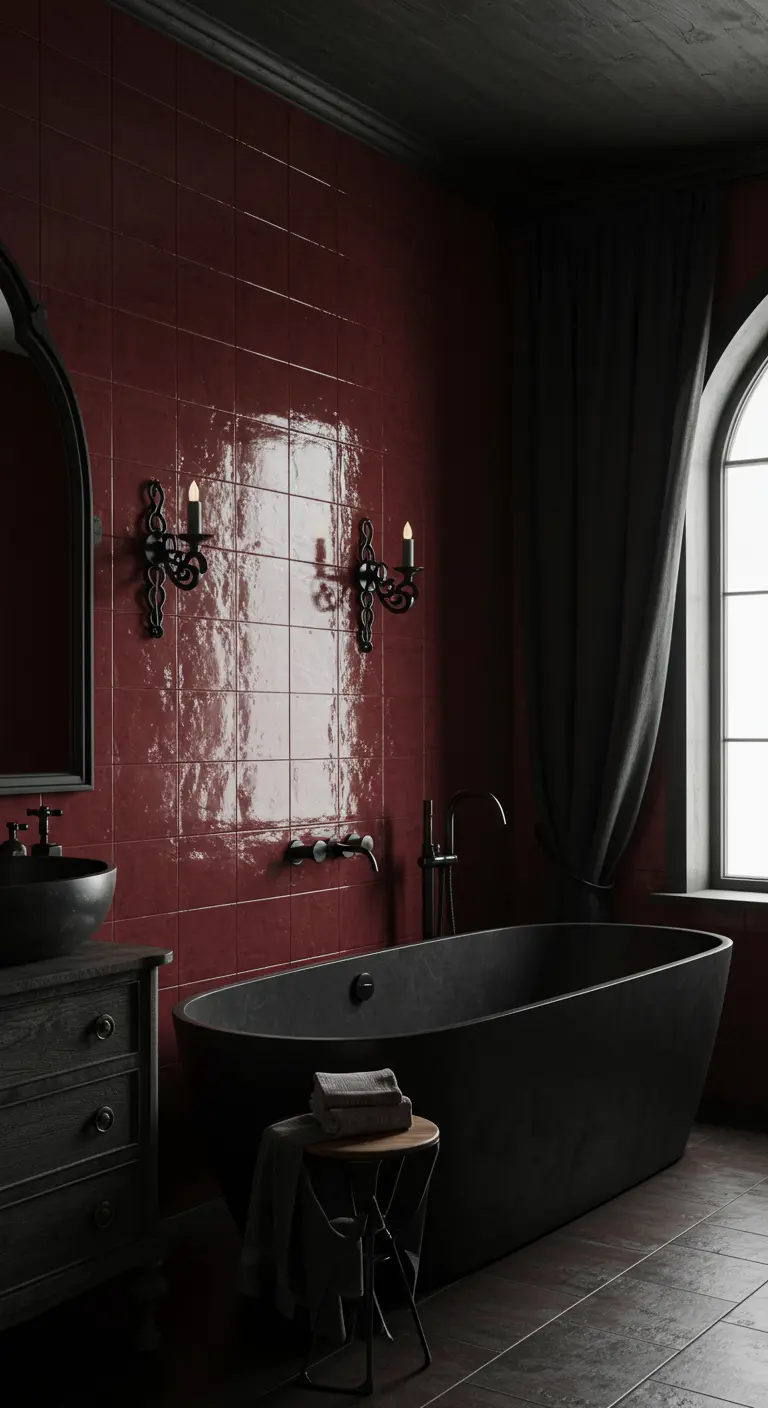 A dark, moody bathroom with ruby red tiles, a matte black tub, and wrought-iron sconces.