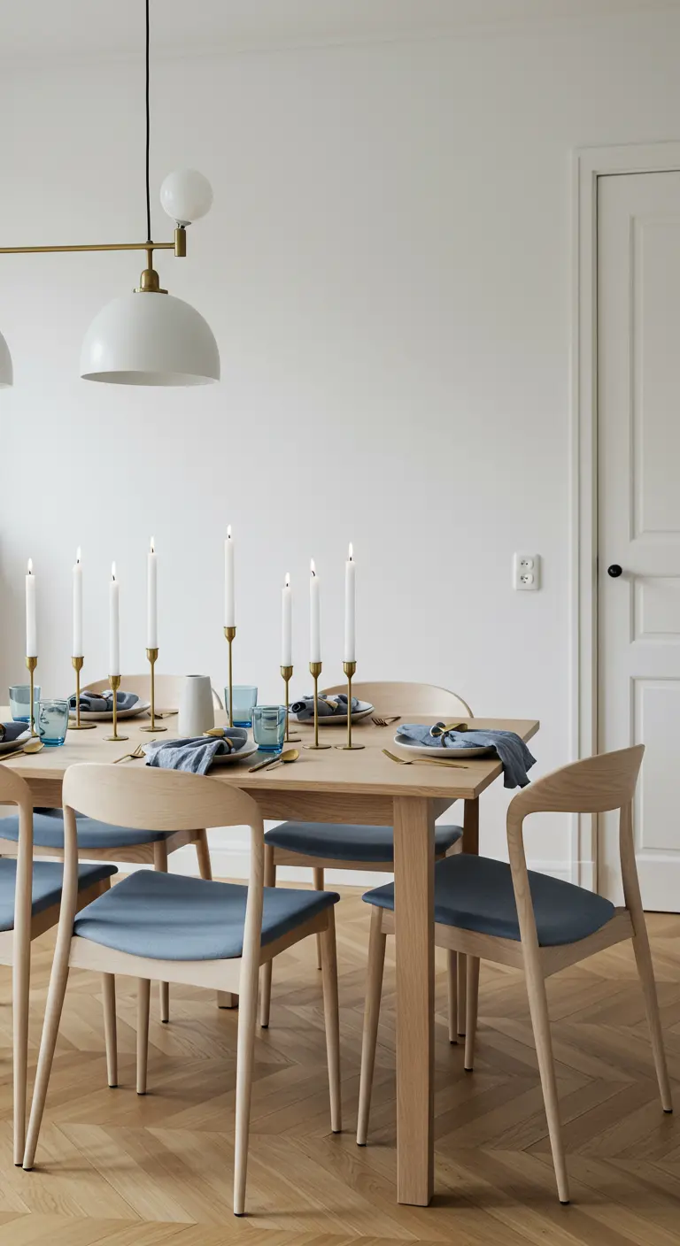 A minimalist dining table with light wood, blue napkins, and slender white taper candles.