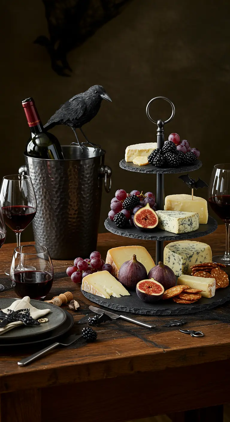 A sophisticated Halloween cheese board with dark fruits, wine, and a decorative crow.