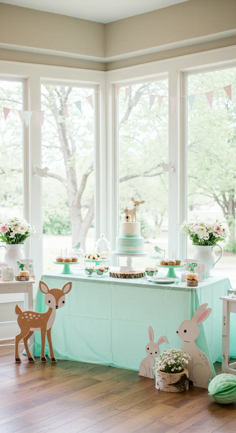 Sweet fawn-themed party with mint green decor and large cardboard animal cutouts.