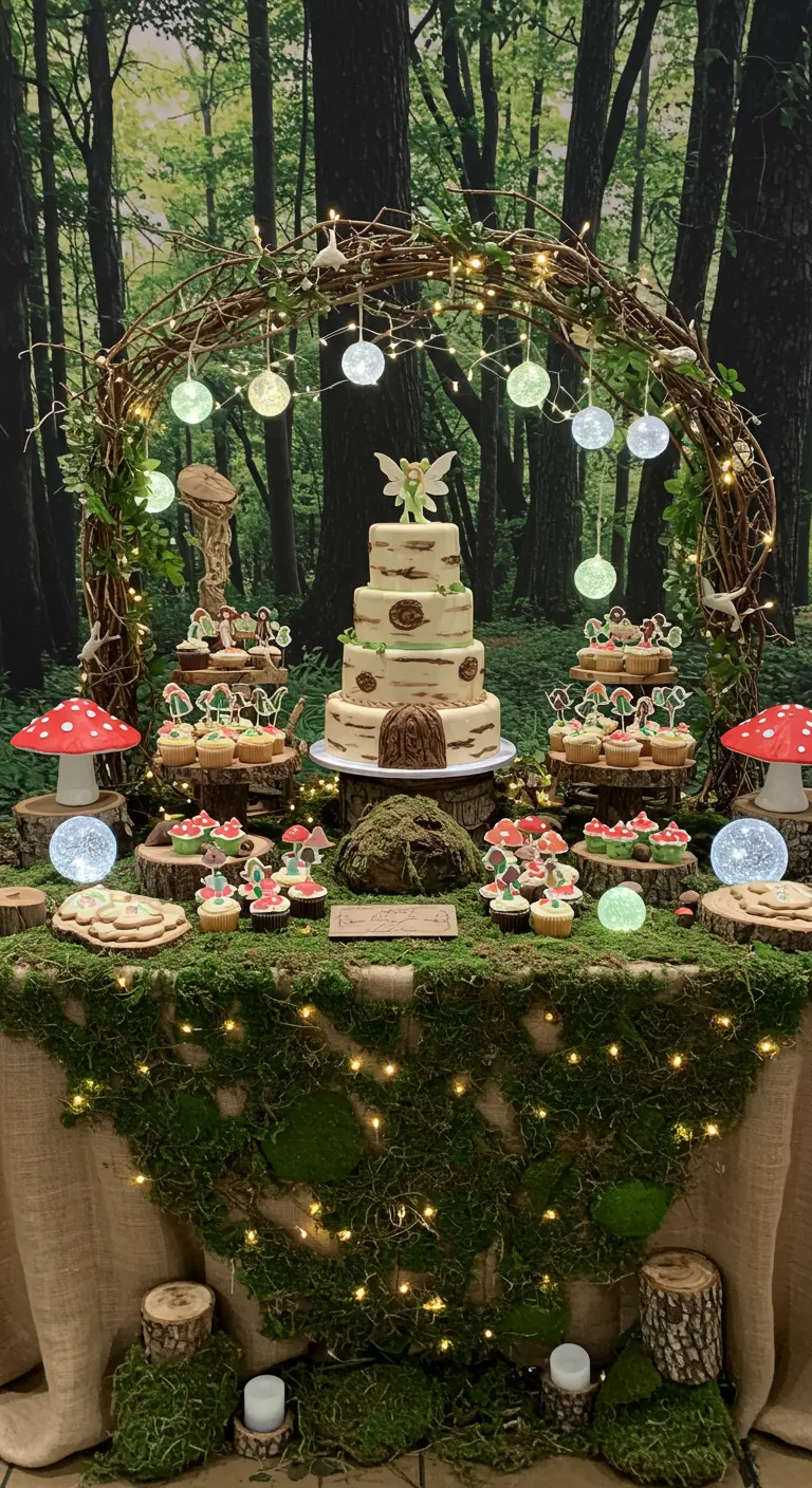 An enchanted forest dessert table with a tiered cake, cupcakes on wood slices, and a twig arch.