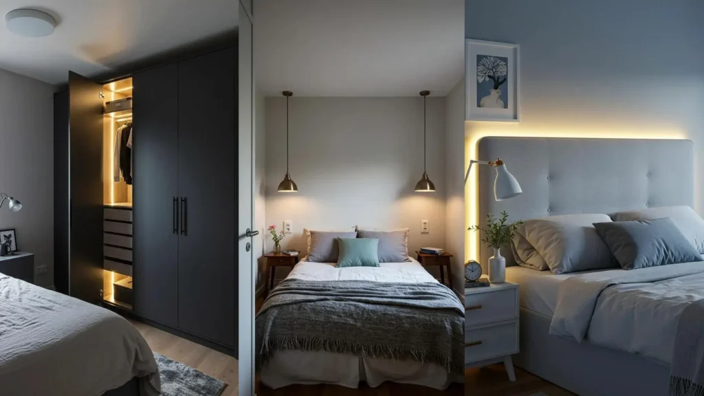 Stylish lighting for tiny spaces: LED strips in closets, bedroom pendants, and headboard sconces.