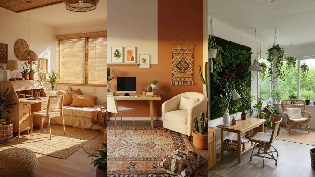 Three stylish multipurpose rooms with office setups and comfy lounge areas, perfect for small spaces and rentals.