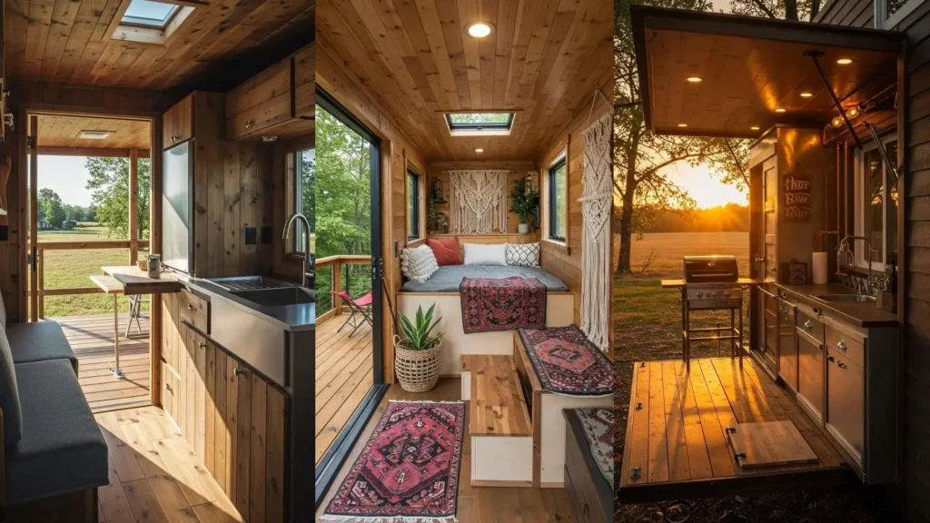Views of a stylish rustic tiny home with wood interiors, sleek storage, and an outdoor fold-out deck.