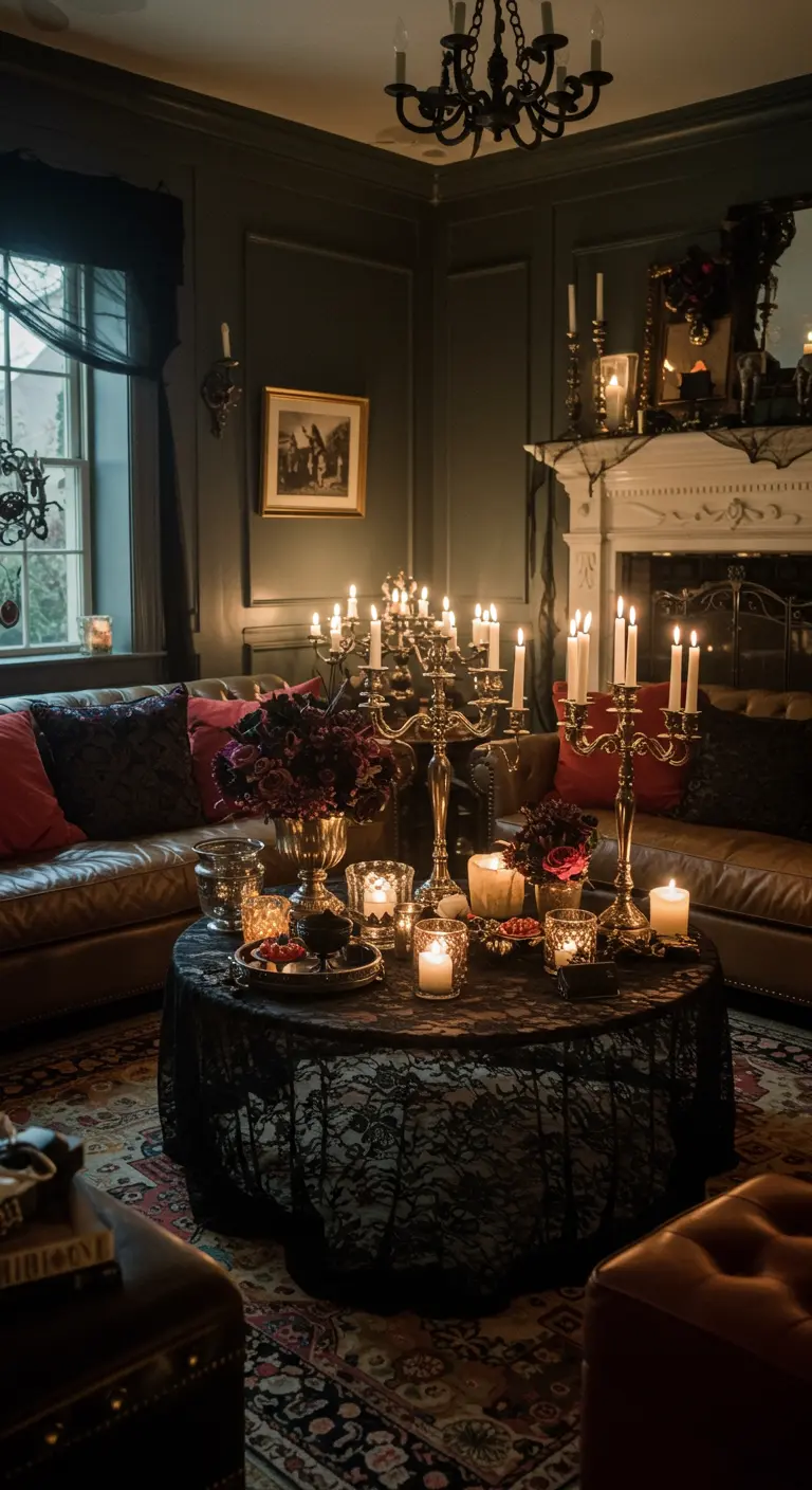 A living room coffee table draped in black lace and covered in glowing candles for a party.