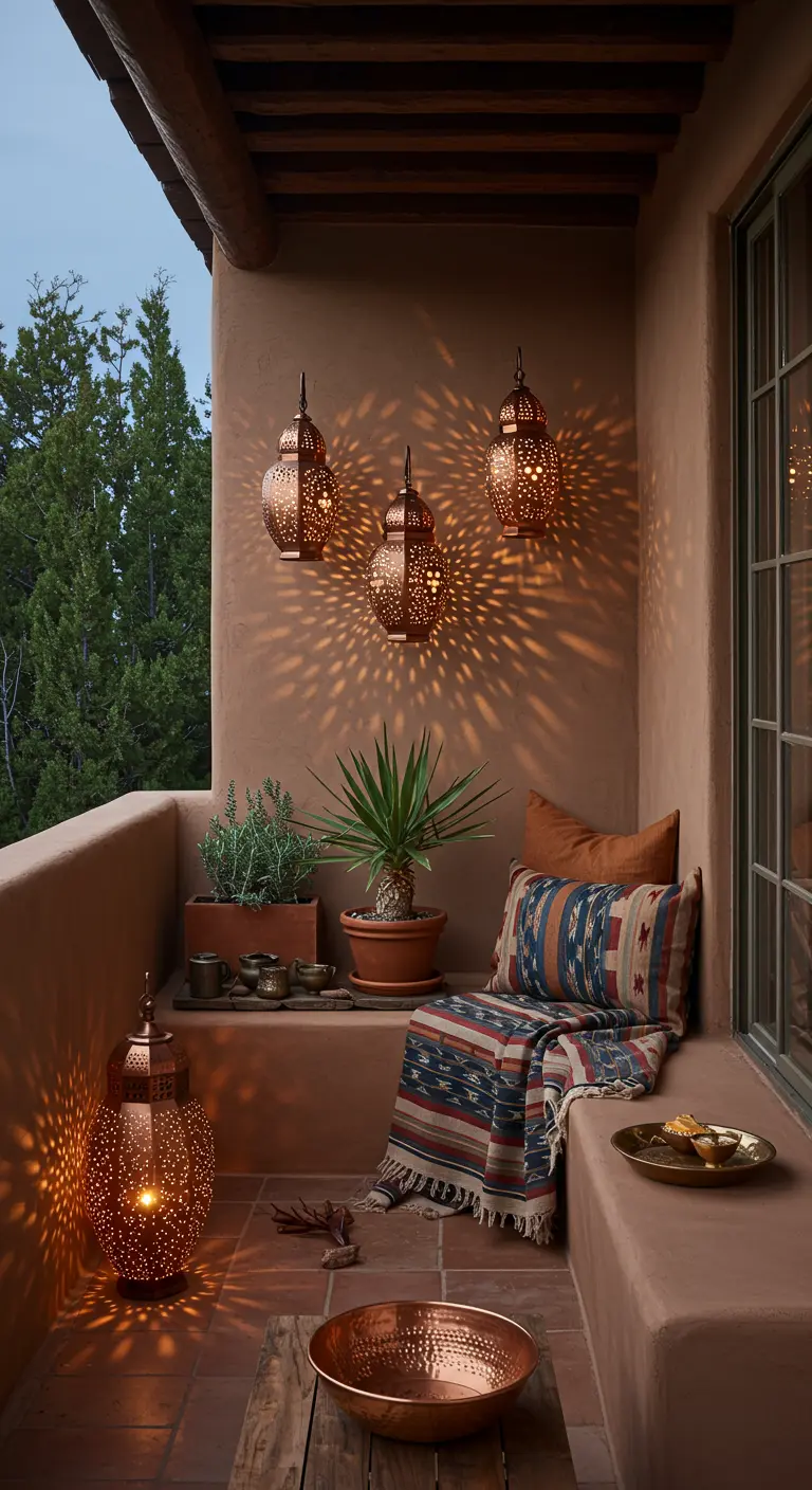 A Southwestern-style balcony with adobe walls, pierced copper lanterns, and tribal-patterned textiles.
