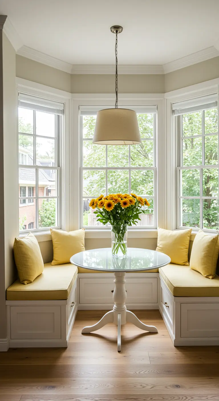 A dining nook in a bay window with bright yellow cushions and a glass-topped table.