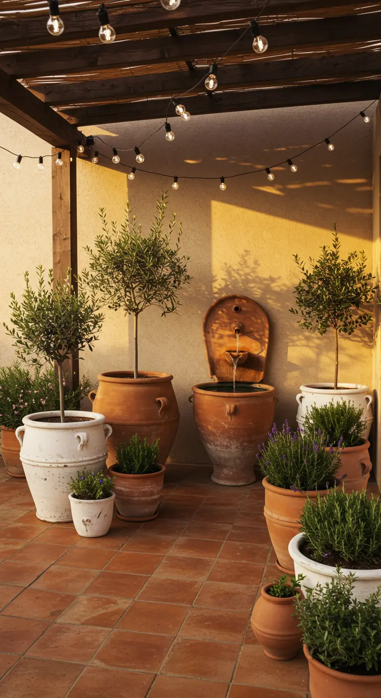 A sunny patio with olive trees and lavender in terracotta and white pots, with a wall fountain.