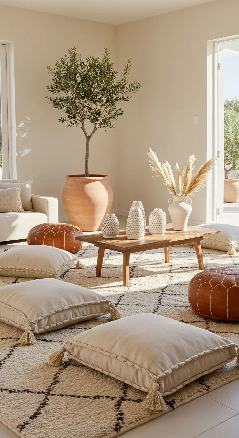 Sunlit living room with tassel floor cushions, leather poufs, and a large olive tree.