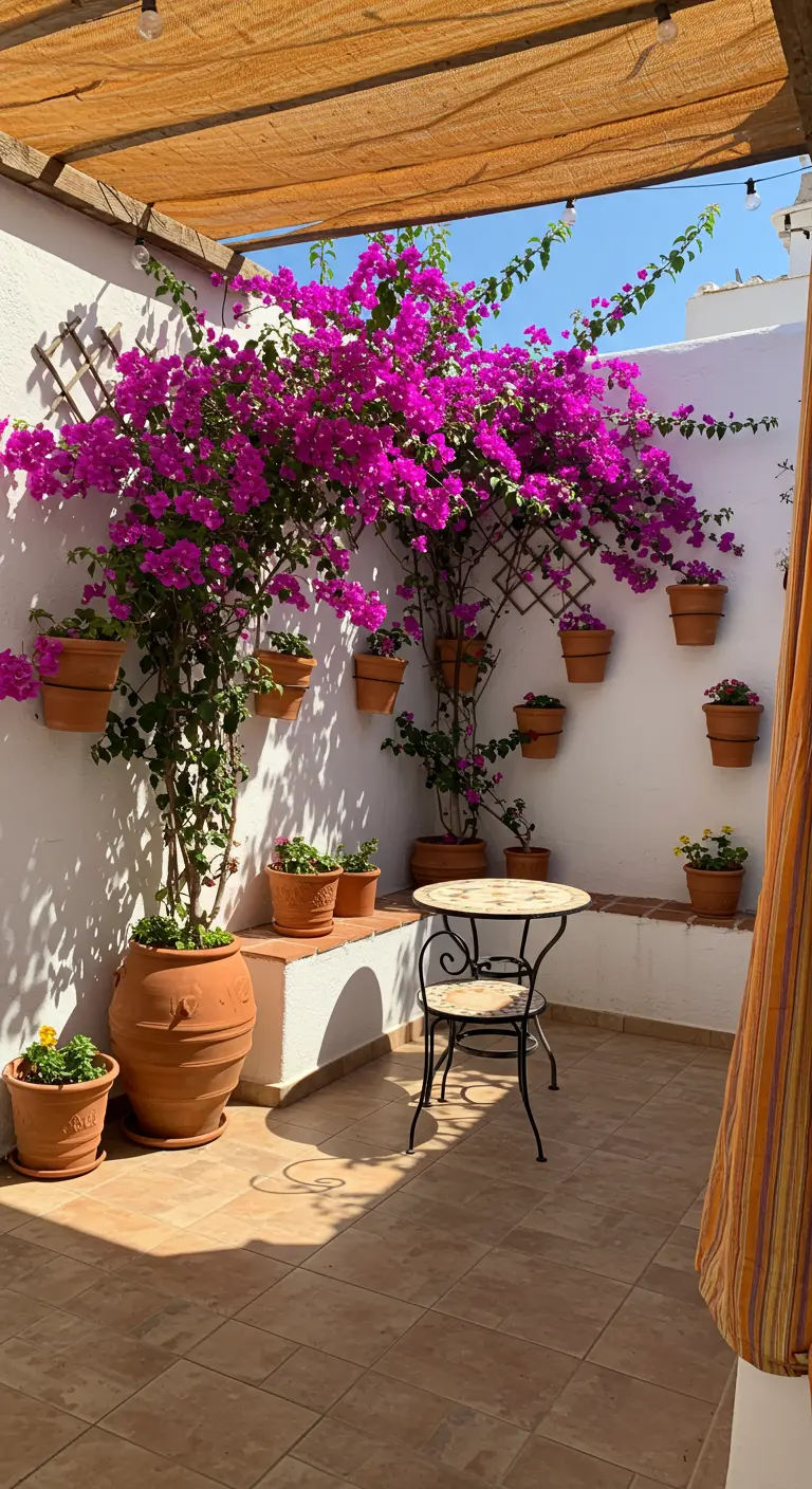 Sunny patio with vibrant pink bougainvillea, terracotta pots, bistro table, and a beige fabric shade.