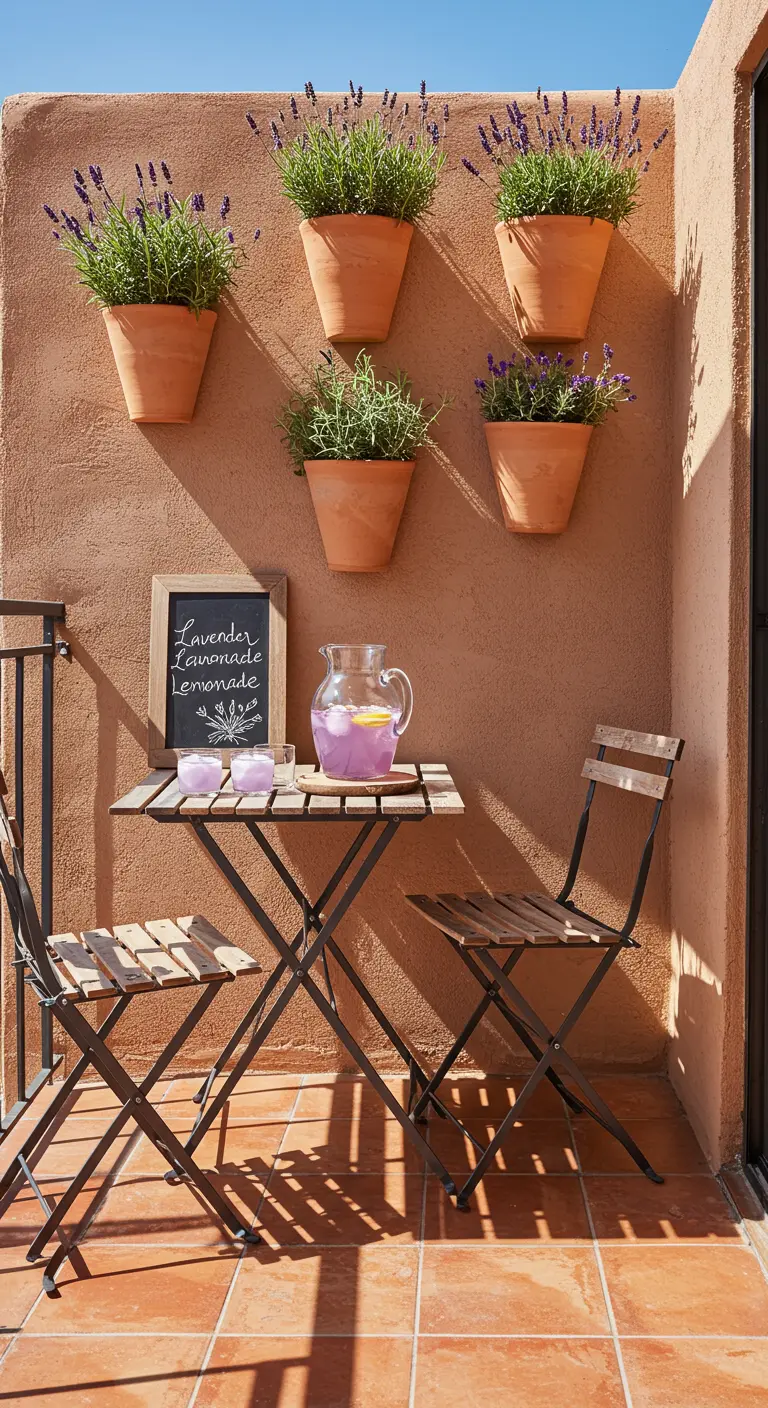 A terracotta-walled balcony with hanging pots of lavender and a pitcher of lavender lemonade.