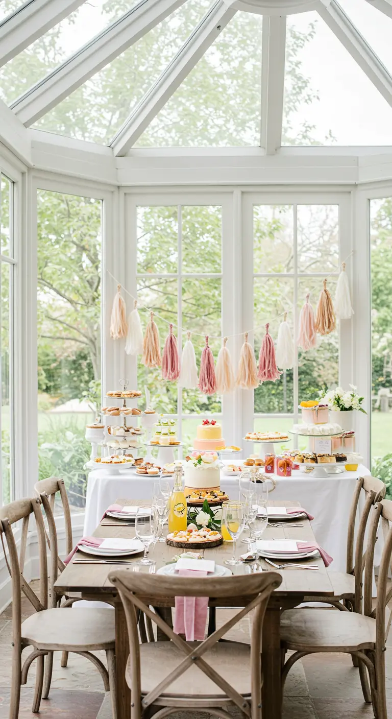A tassel garland in shades of pink, peach, and cream hangs in a bright sunroom over a dessert table.