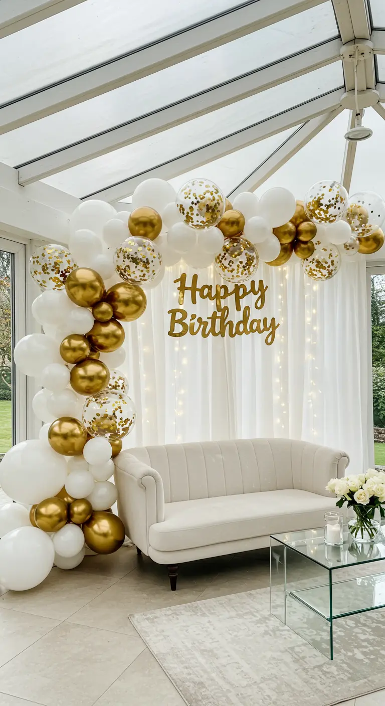 Gold and white balloon garland with confetti balloons framing a sofa in a bright sunroom.
