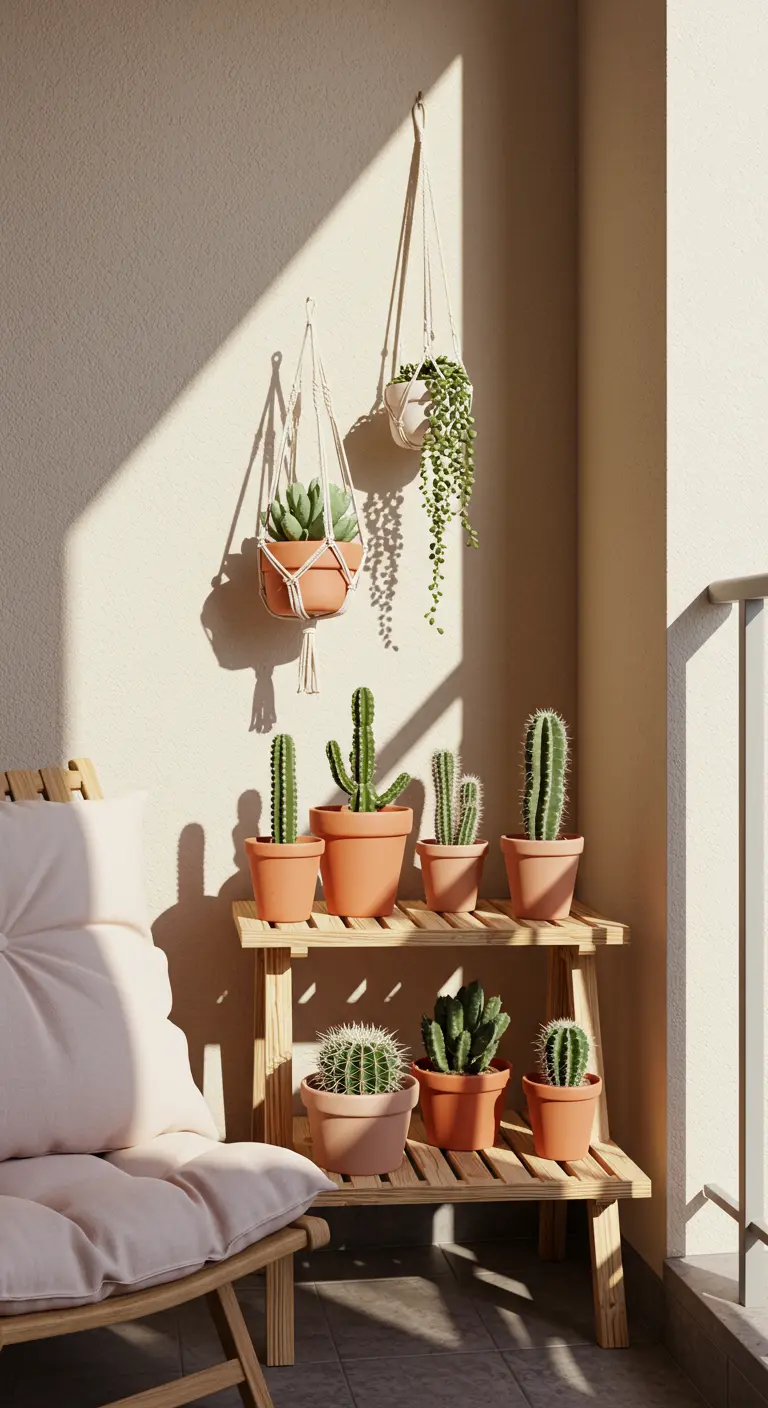 Cacti and succulents in terracotta pots on a wooden bench in the sun.