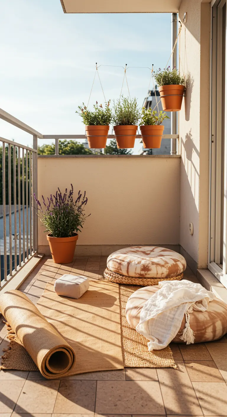 A sunny balcony set up for yoga with a mat, floor cushions, and a pot of lavender.