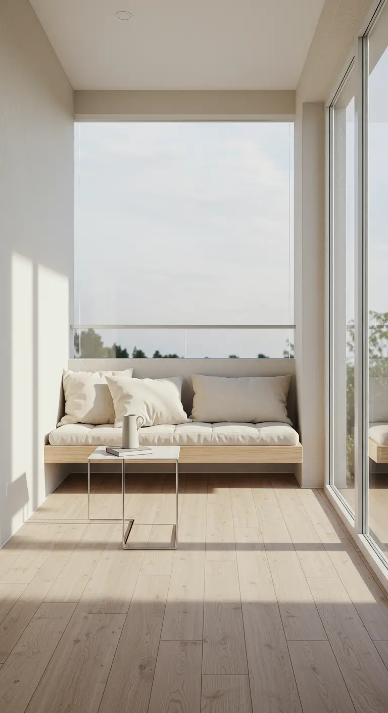 Bright, minimalist balcony with light wood floors, a bench, and white cushions.