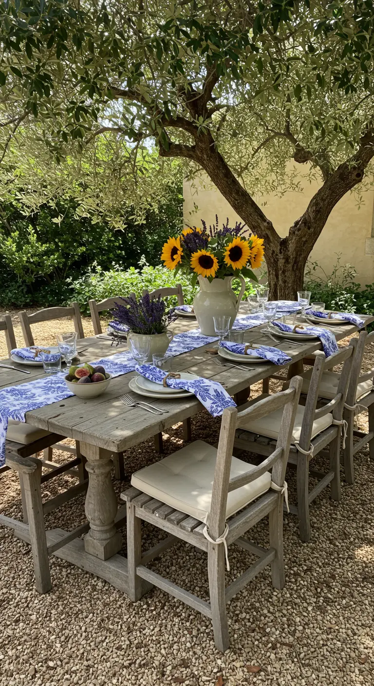 Rustic wooden table under an olive tree with sunflowers and blue toile napkins.
