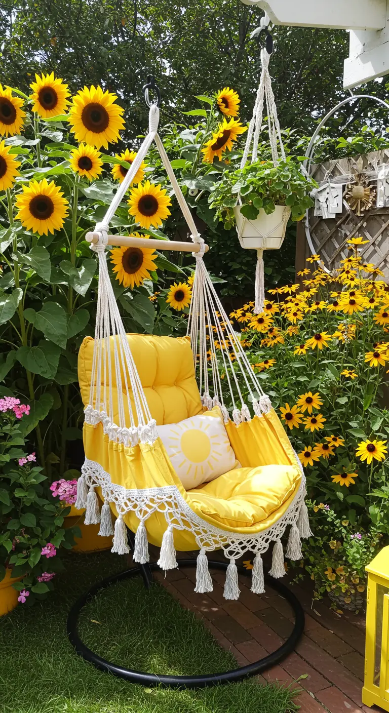 A bright yellow hammock chair with white tassels surrounded by a garden of tall sunflowers.