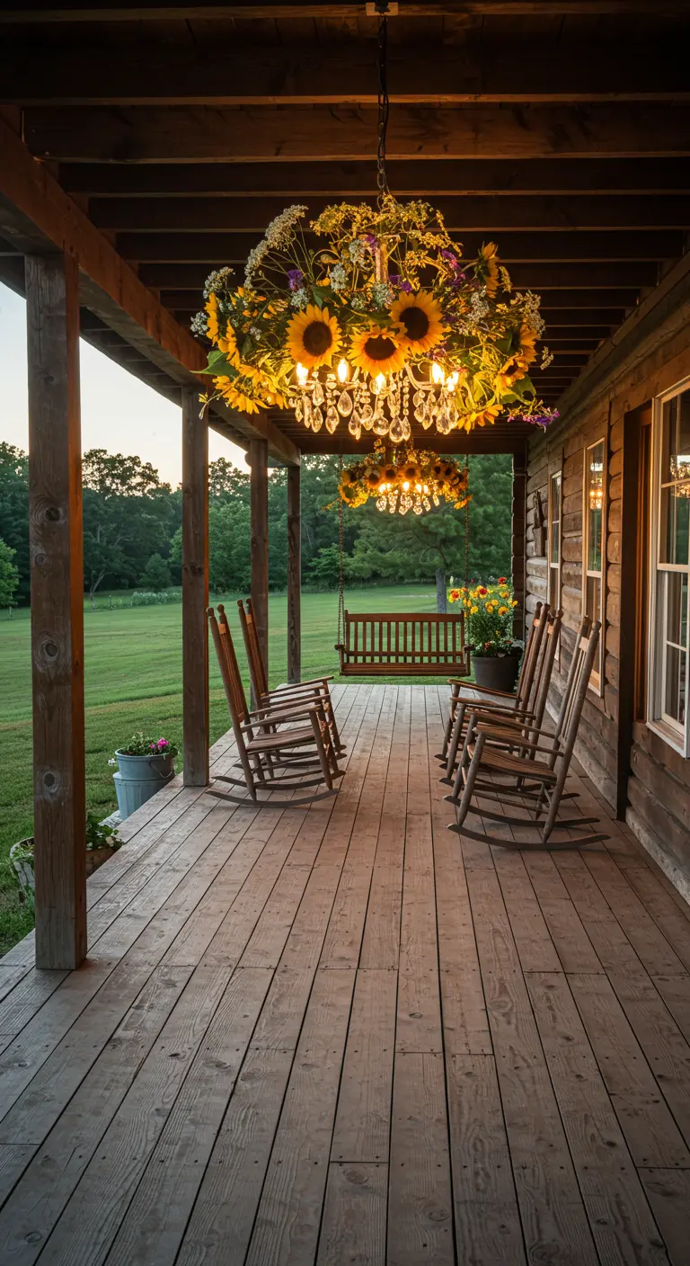 A crystal chandelier decorated with sunflowers hangs on a rustic wooden porch.