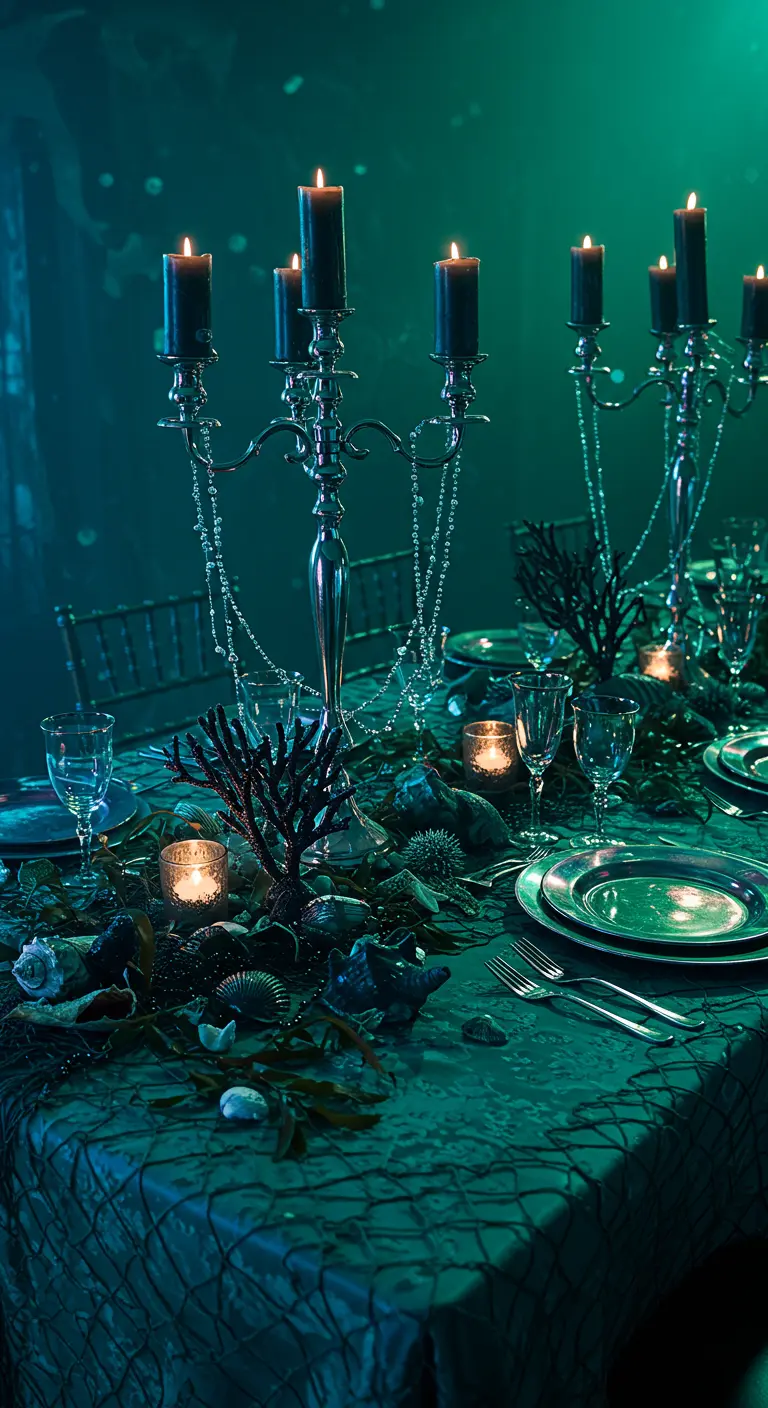 An underwater-themed table with a teal cloth, black coral, seashells, and draped pearls.