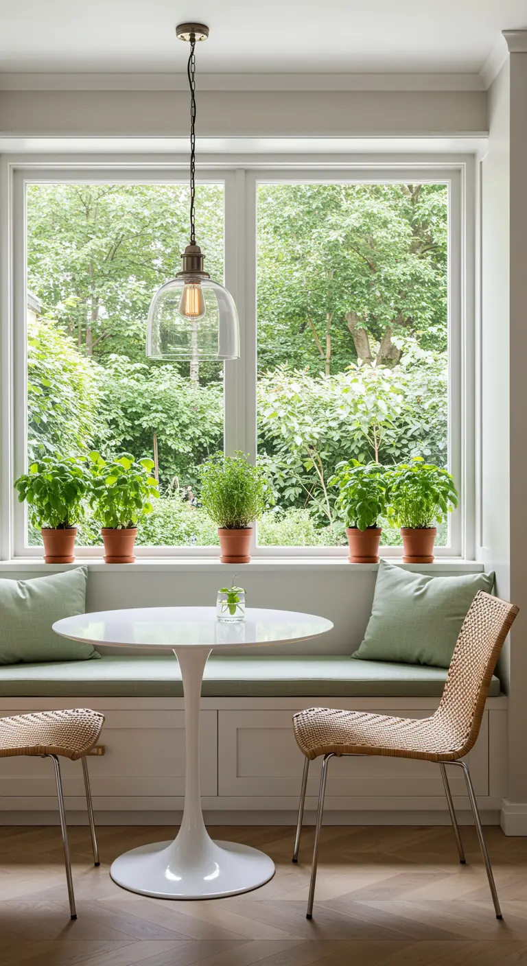 A dining nook in front of a large window with green cushions and potted herbs.