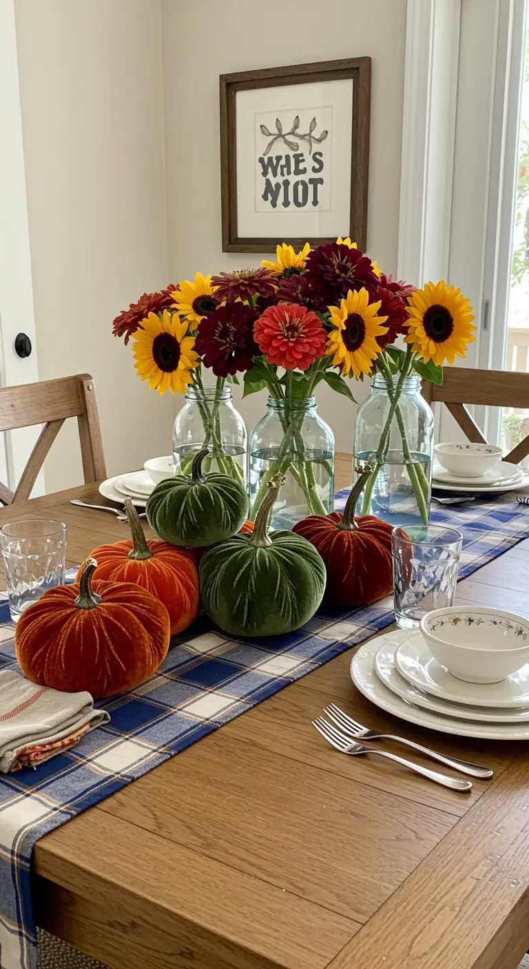Farmhouse table with a plaid runner, velvet pumpkins, and sunflowers in mason jars.