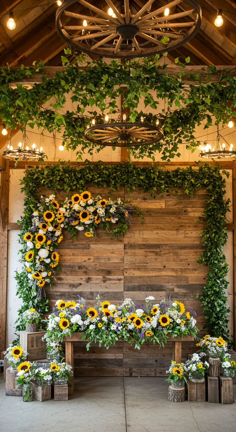 Asymmetrical sunflower arrangement framing a rustic wood wall in a barn.