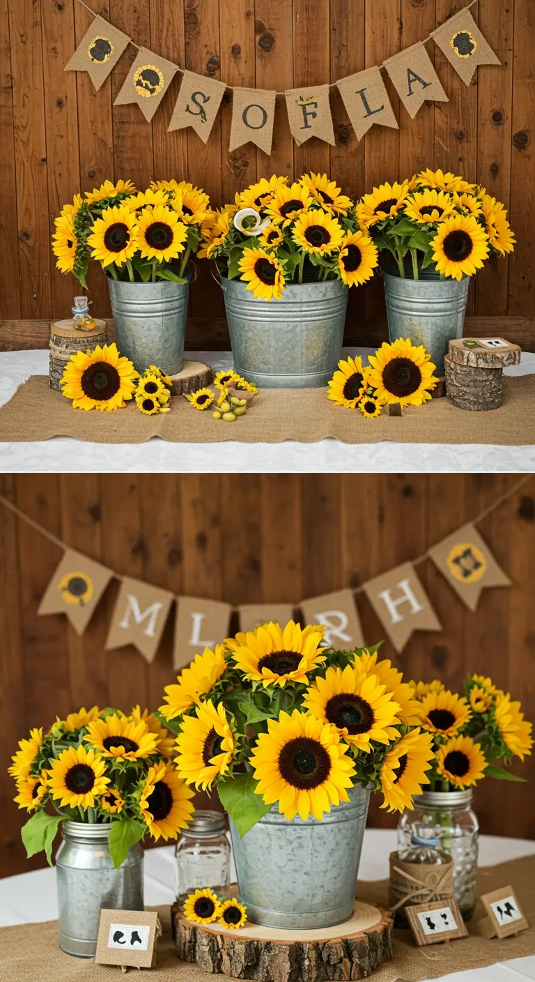 Two images showing sunflowers in galvanized buckets on a burlap-covered table.
