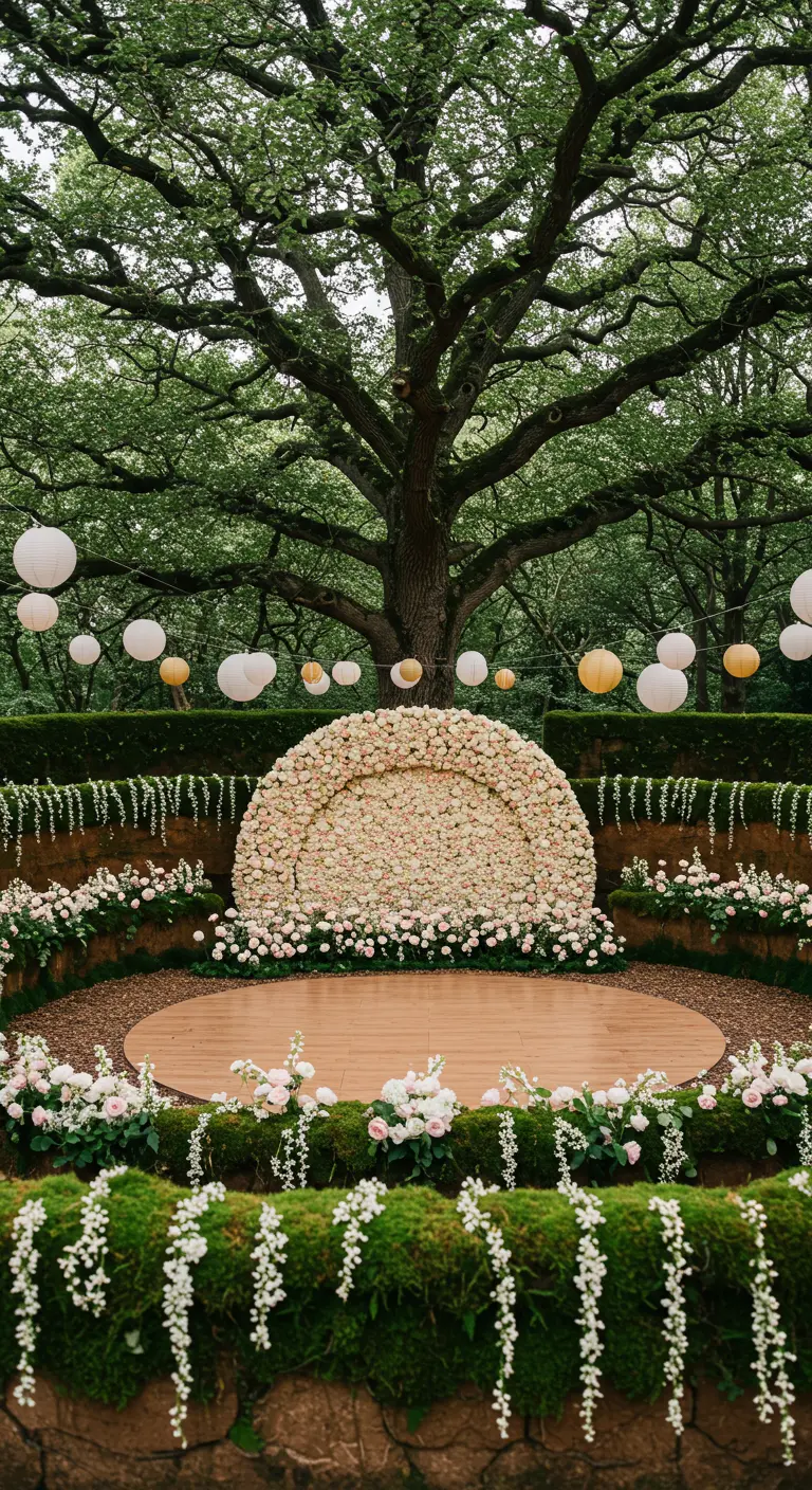 A semi-circle wall of blush and white roses on a stage under a large oak tree.