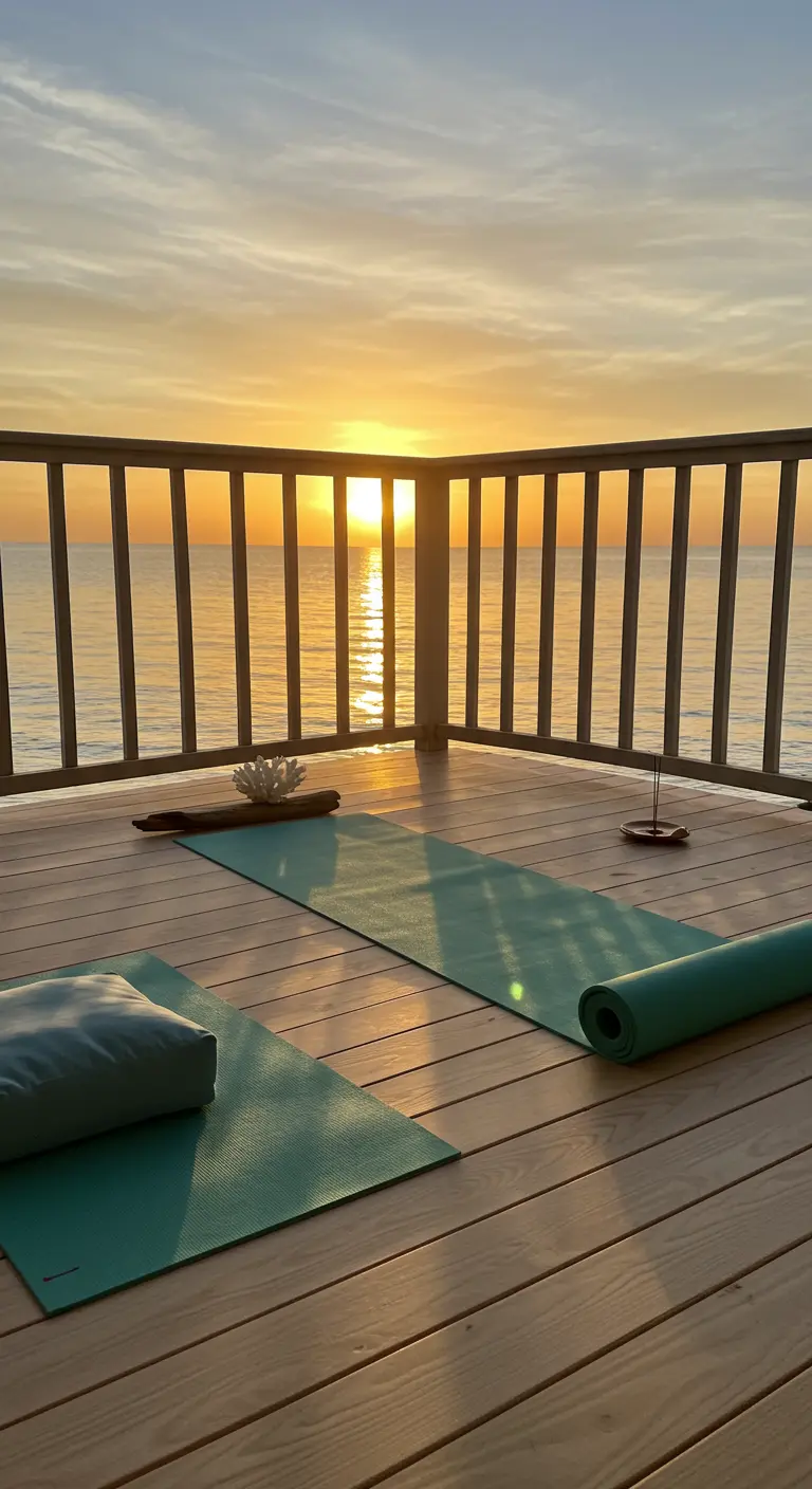 Two yoga mats on a wooden deck facing the ocean sunrise.
