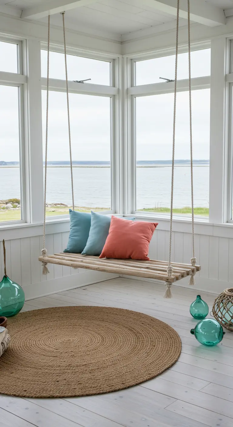 Minimalist wooden swing with blue and coral cushions in a bright sunroom with ocean views.