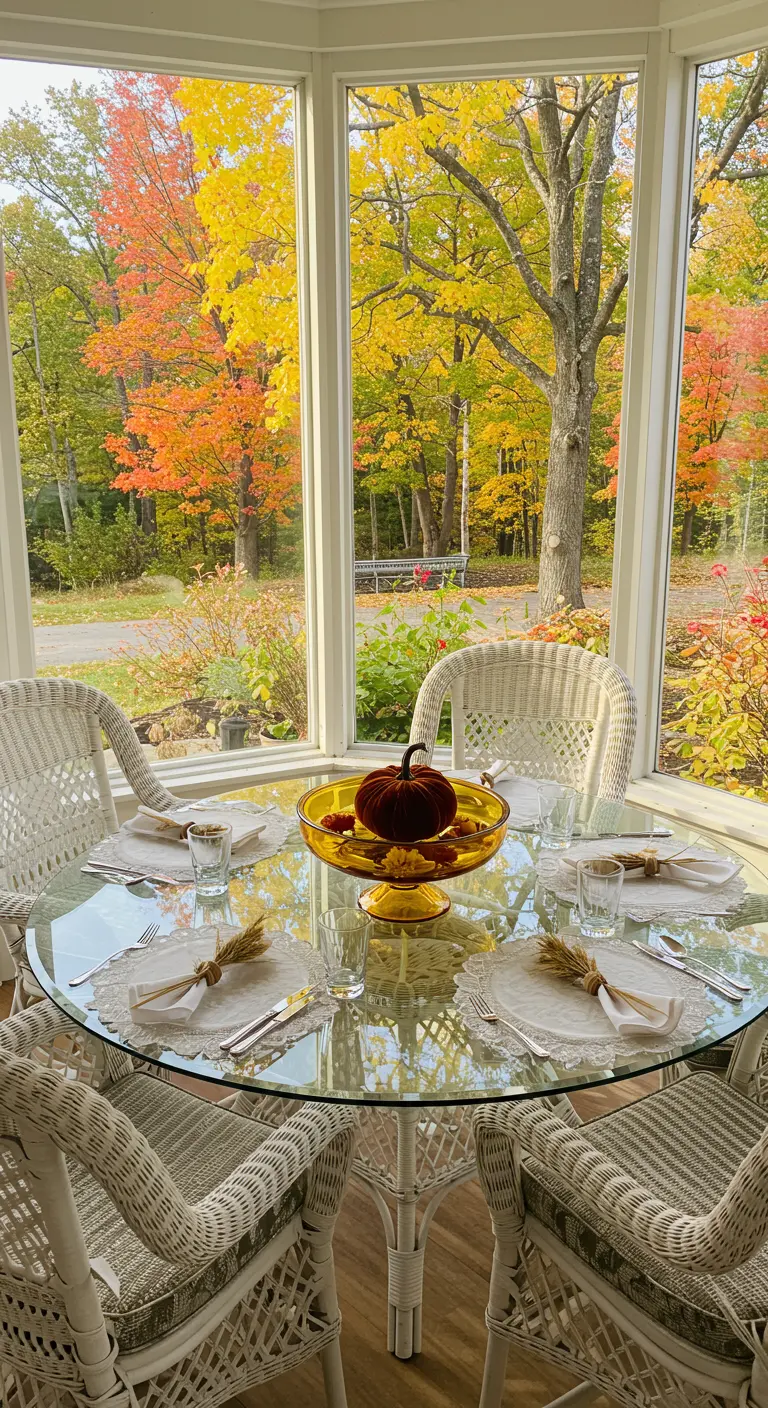 Sunroom table setting with an amber bowl centerpiece and wheat-tied napkins.