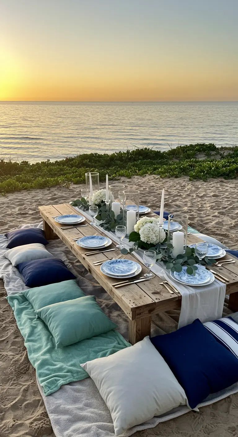 Low pallet picnic table on a sandy beach at sunset with blue and green cushions.
