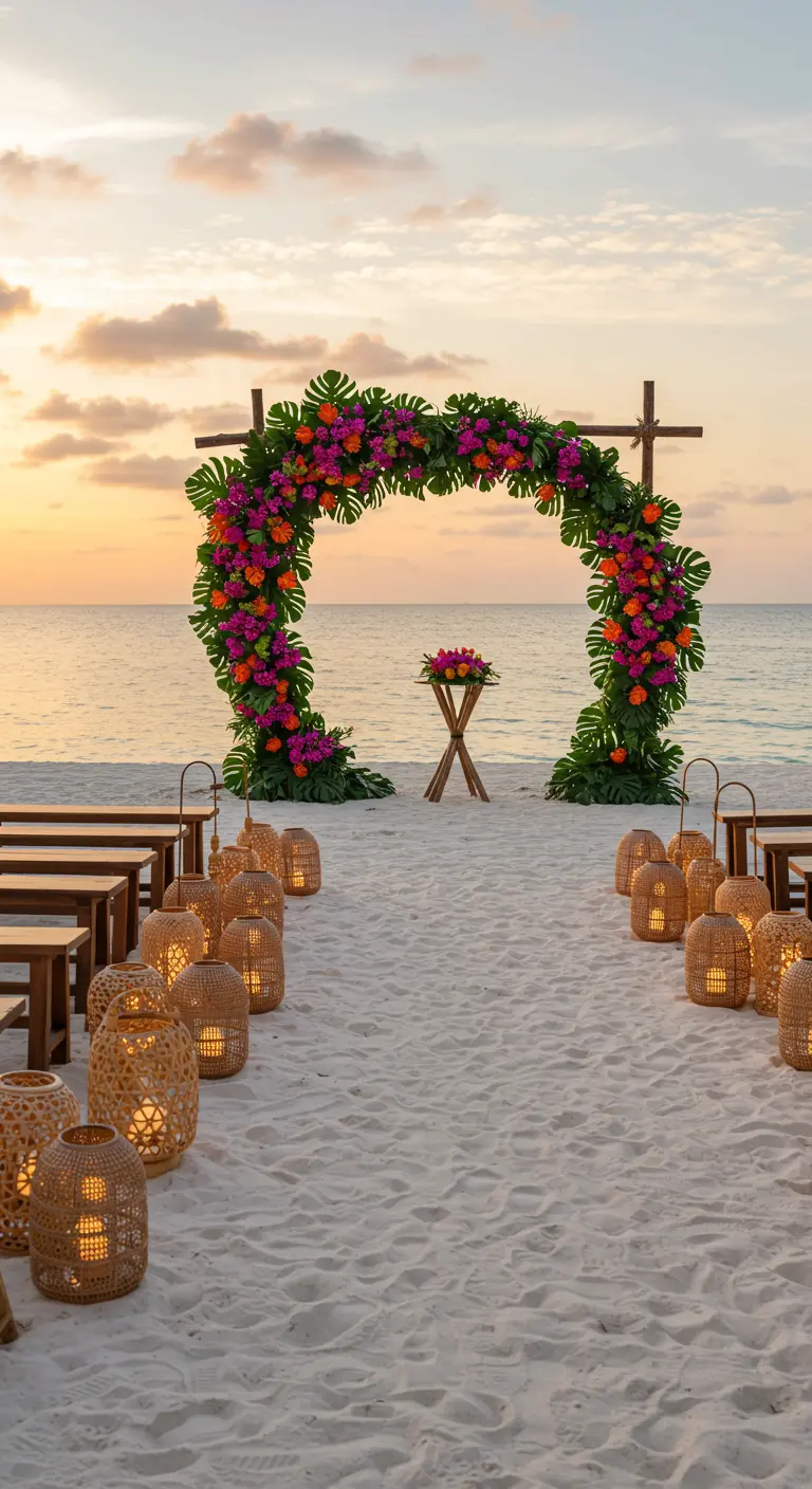 A circular floral arch on a sandy beach at sunset, with wicker lanterns lining the aisle.