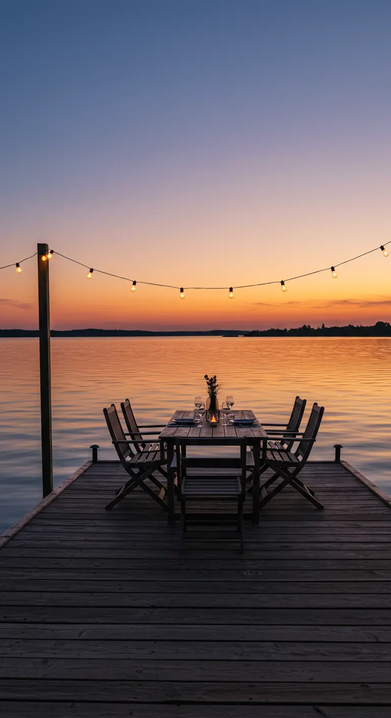 A dining table on a wooden dock at sunset, with globe lights strung between posts.
