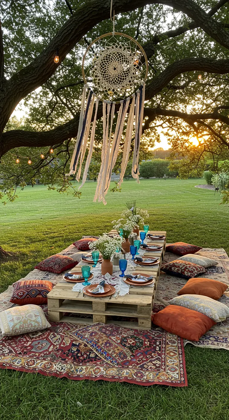 A low pallet table set for a boho picnic with a dreamcatcher hanging from a tree at sunset.