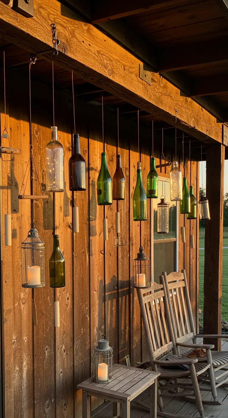 Rustic porch with wooden chairs and hanging bottle chimes glowing in the sunset.