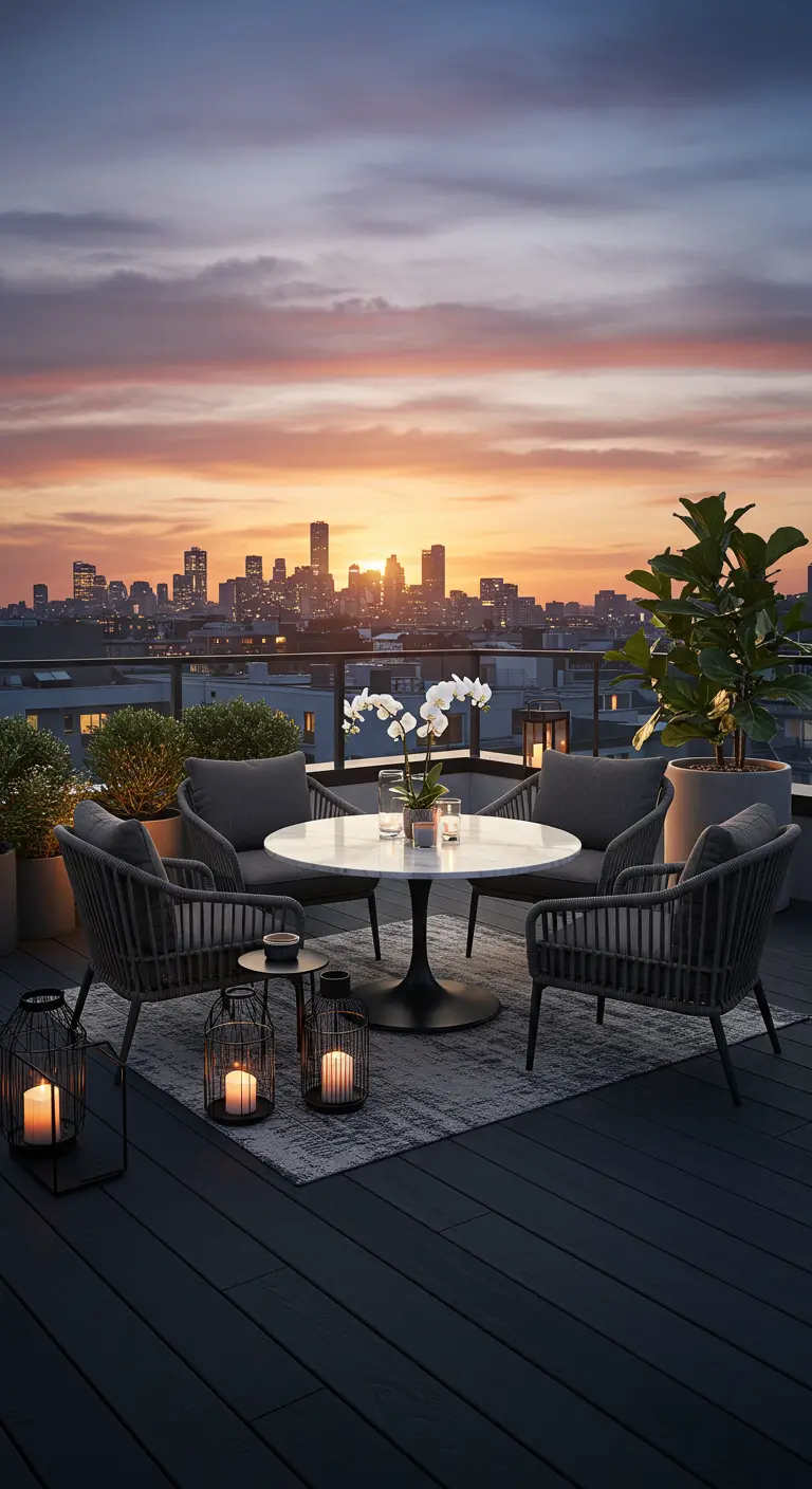 Rooftop patio with marble table, gray wicker chairs, and lanterns at sunset.