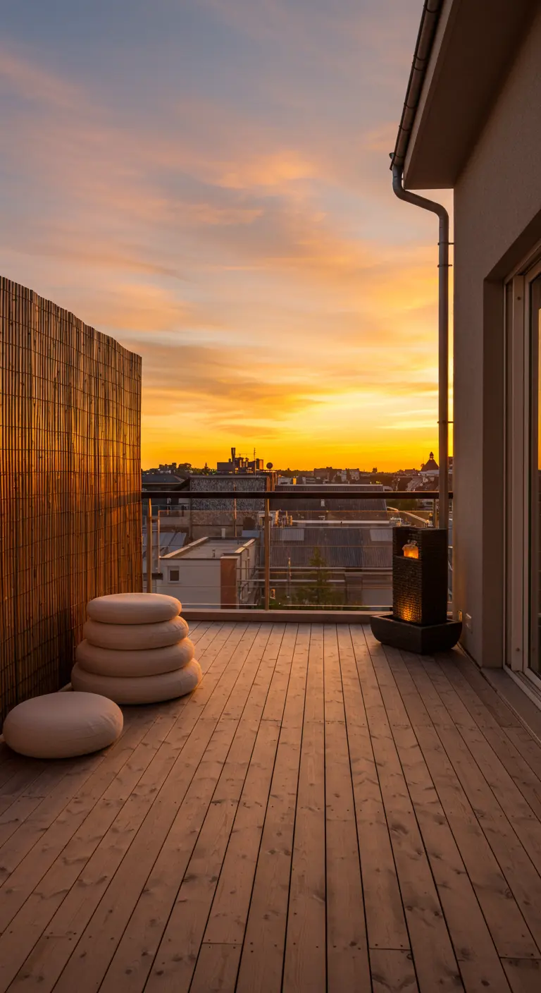Wooden balcony deck with bamboo screen and stacked cushions during a vibrant sunset.