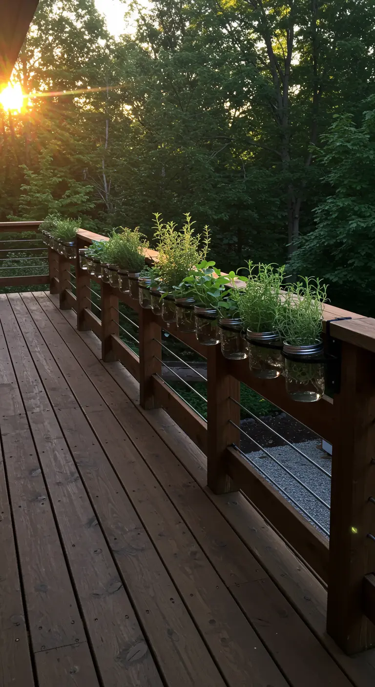 A row of herb-filled mason jars attached to a wooden deck railing, backlit by the setting sun.