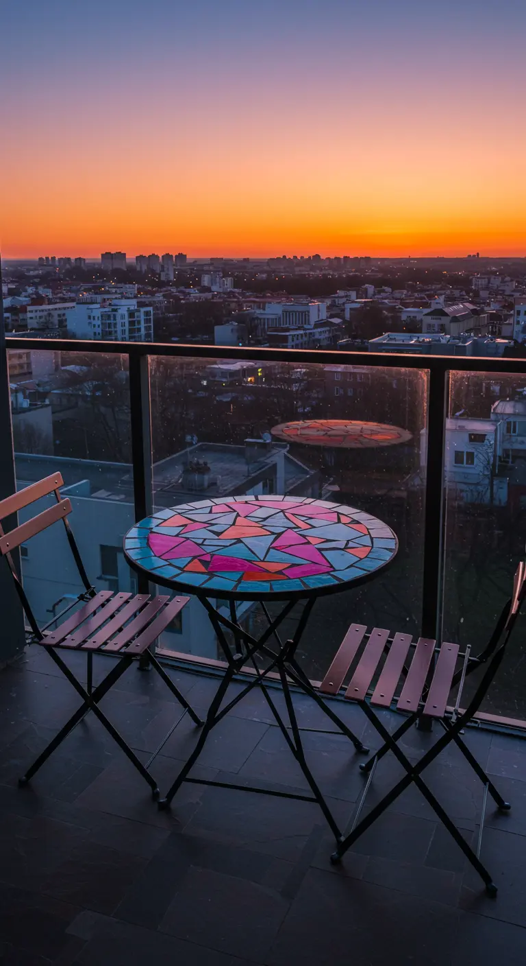Colorful stained-glass style mosaic table on a balcony overlooking a city at sunset.